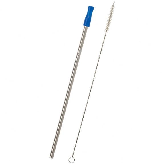 Silver Royal Blue Stainless Steel Custom Straw w/ Cleaning Brush 
