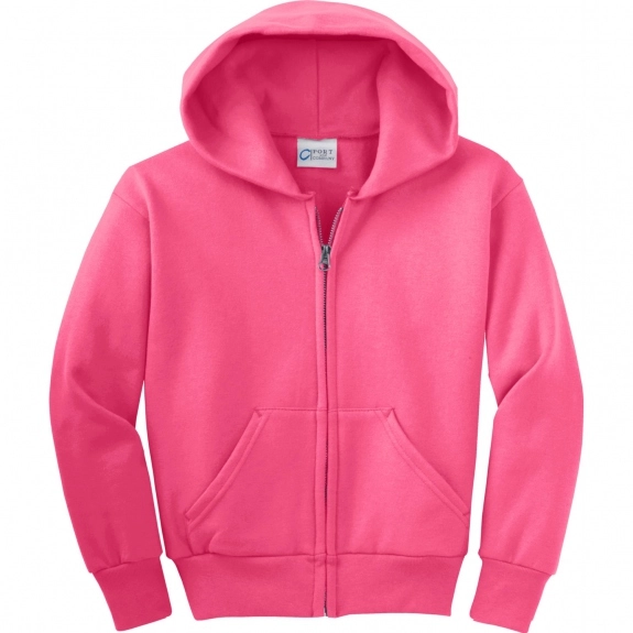 Neon Pink Port & Company Ultimate Full Zip Custom Hooded Sweatshirt - Youth
