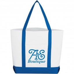 White / Royal Blue - Reusable Promotional Boat Tote Bag w/ Front Pocket