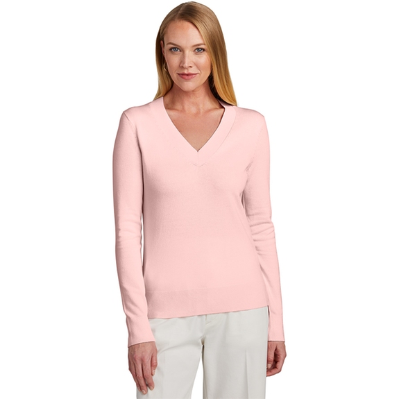 Front - Brooks Brothers&#174; Cotton Stretch Logo V-Neck Sweater - Women's