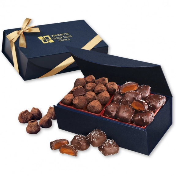 Navy Gift Box Custom Chocolate Sea Salt Caramels & Cocoa Dusted Truffles 