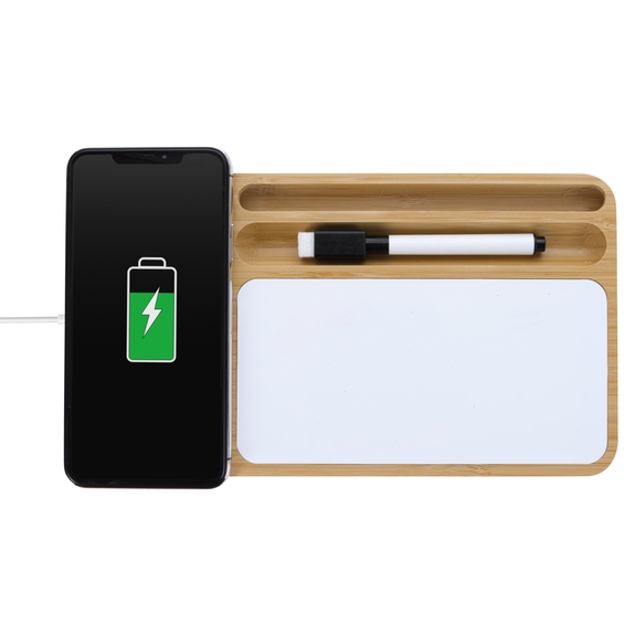 In Use Bamboo Engraved Wireless Charging Base w/ Dry Erase Board