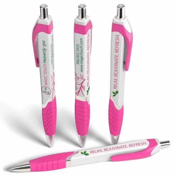 White / Pink - Full Color Tri-Ad Promotional Click Pen w/ Grip