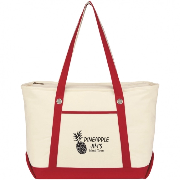 Natural/Red Large Cotton Canvas Boat Style Logo Tote Bags