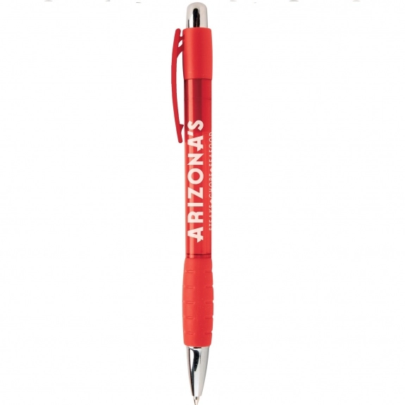 Red - Translucent Promotional Ballpoint Pen w/ Rubber Grip