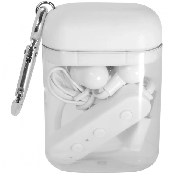White Rechargeable Bluetooth Custom Ear Buds w/ Carabiner Case