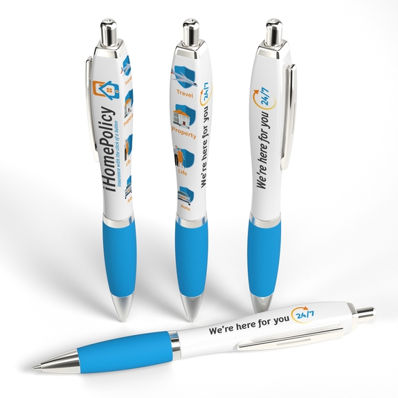 Light Blue Full Color White Square Ad Promotional Pen w/ Rubber Grip