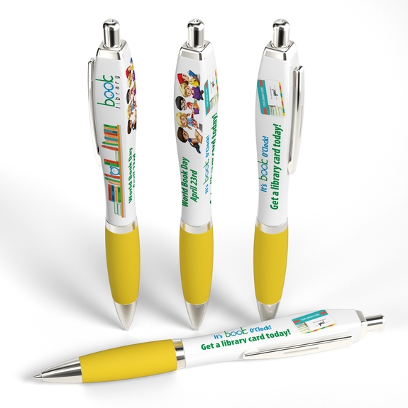 Yellow Full Color White Square Ad Promotional Pen w/ Rubber Grip