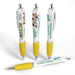 Yellow Full Color White Square Ad Promotional Pen w/ Rubber Grip
