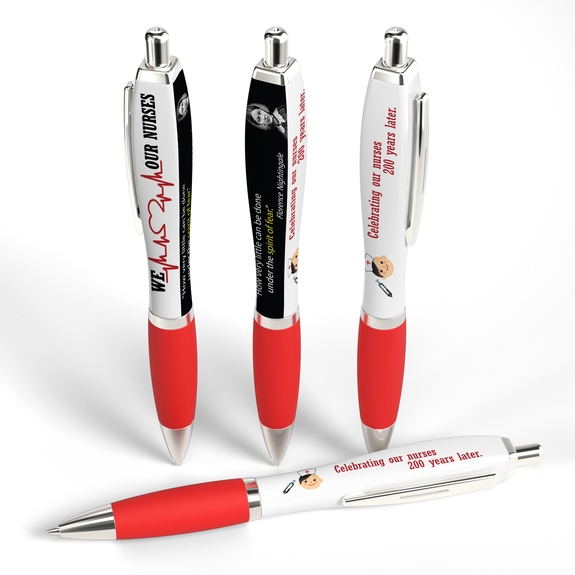 Red Full Color White Square Ad Promotional Pen w/ Rubber Grip