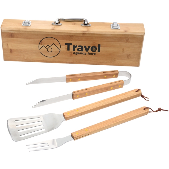 Natural - Bamboo Custom BBQ Tool Set w/ Branded Case