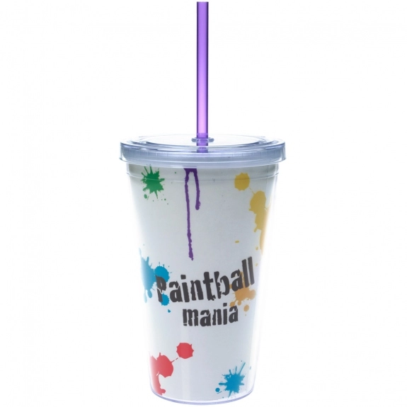 Purple Full Color Double Wall Acrylic Promotional Tumbler w/ Straw - 16 oz.