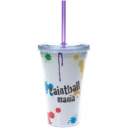 Purple Full Color Double Wall Acrylic Promotional Tumbler w/ Straw - 16 oz.