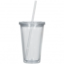 Clear Full Color Double Wall Acrylic Promotional Tumbler w/ Straw - 16 oz.