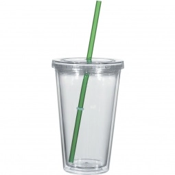 Green Full Color Double Wall Acrylic Promotional Tumbler w/ Straw - 16 oz.