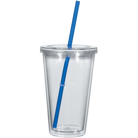 Blue Full Color Double Wall Acrylic Promotional Tumbler w/ Straw - 16 oz.