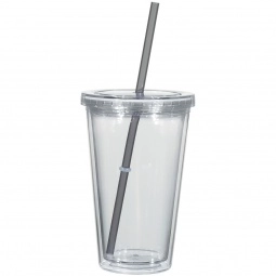Charcoal Full Color Double Wall Acrylic Promotional Tumbler w/ Straw - 16 o