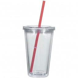 Red Full Color Double Wall Acrylic Promotional Tumbler w/ Straw - 16 oz.