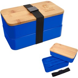 Blue Stackable Promotional Bento Box w/ Utensils