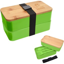 Lime Green Stackable Promotional Bento Box w/ Utensils