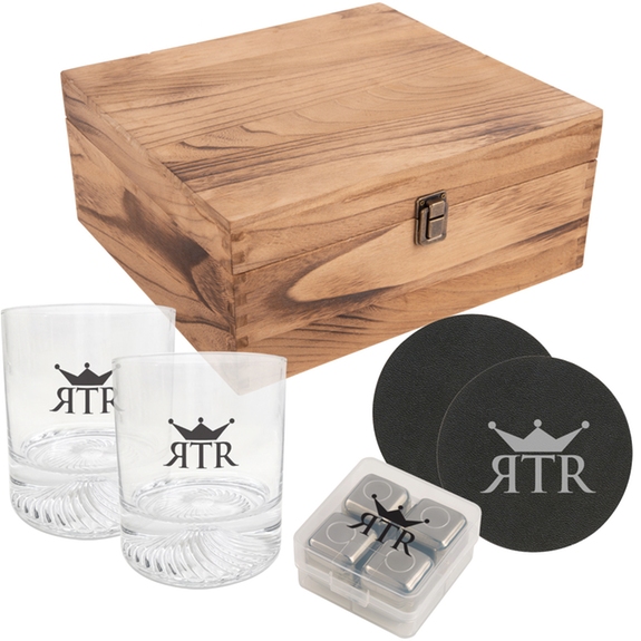 Natural - Branded Whiskey Gift Set w/ Wooden Box