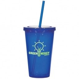 Translucent Blue Double Wall Acrylic Promotional Tumbler with Straw 