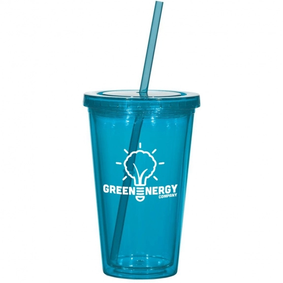 Translucent Teal Double Wall Acrylic Promotional Tumbler with Straw 
