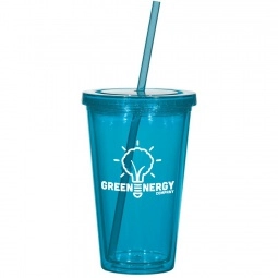 Translucent Teal Double Wall Acrylic Promotional Tumbler with Straw 