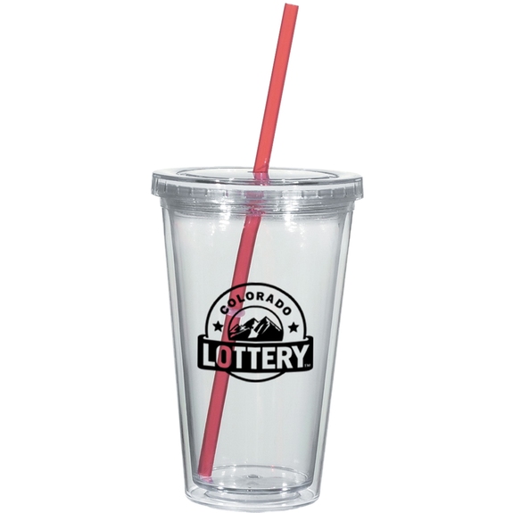 Clear / Red Double Wall Acrylic Promotional Tumbler with Straw 