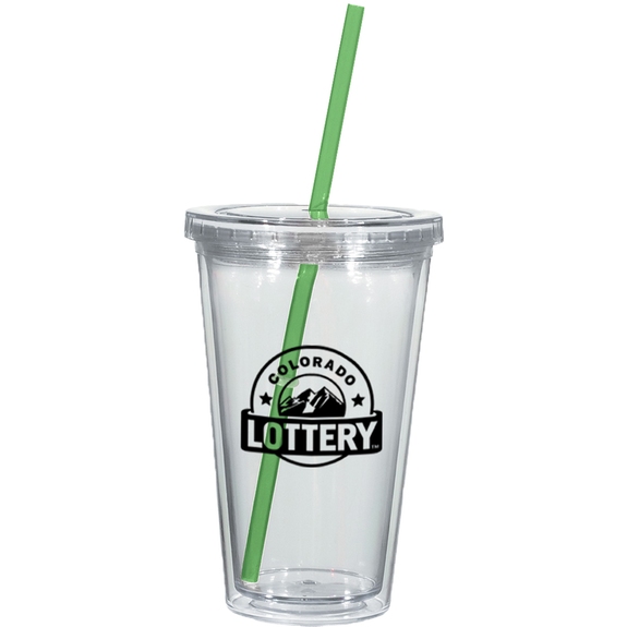 Clear / Green Double Wall Acrylic Promotional Tumbler with Straw 
