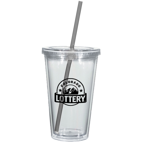 Clear / Charcoal Double Wall Acrylic Promotional Tumbler with Straw 