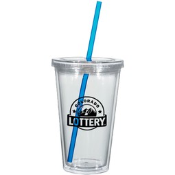 Clear / Blue Double Wall Acrylic Promotional Tumbler with Straw 