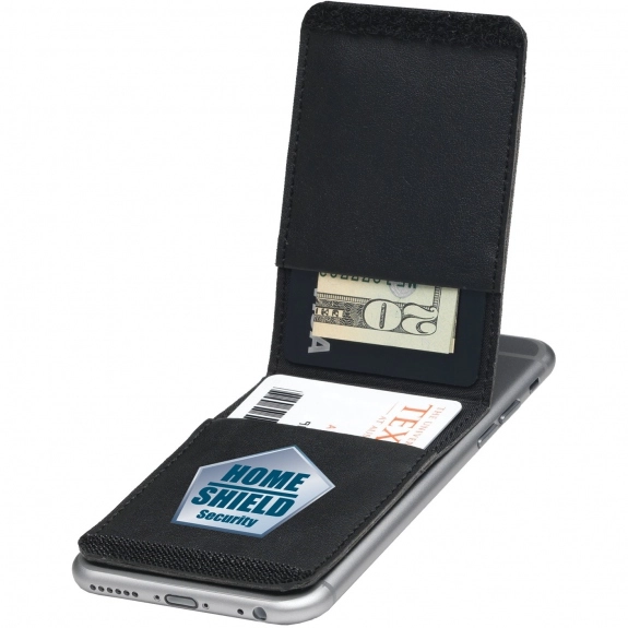Black Bifold Promotional Cell Phone Stand w/Wallet - Open