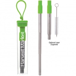 Lime Green Stainless Steel Collapsible Custom Straw w/ Keychain Case