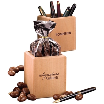 Promotional Delicious chocolate covered almonds in a beautiful pen holder.