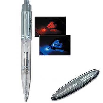 Promotional Click for blue or red light to shine through pen's clear barrel. Includes black ink.