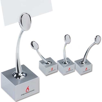 Promotional Gleaming chrome neck holds notes with your logo shown off on satin silver base!