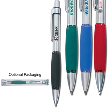 Promotional Silver barrel, big grip, and colorful translucent accents and black ink!