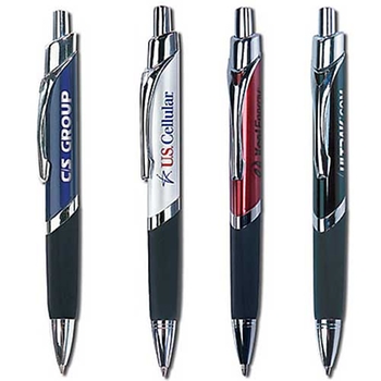 Promotional Sharp, stylish, triangular shape metal pen with black ink, gleaming accents and rubber grip.