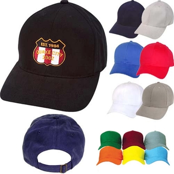 Promotional Popularly priced light weight brushed cotton twill cap with structured construction and your choice of fabric strap or velcro closure.