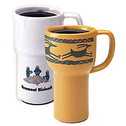 Promotional Handmade in the USA. This ceramic travel mug is designed for the car or the office.