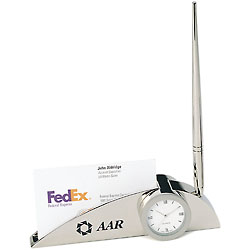 Promotional A beautiful piece for the desktop that includes a clock, card holder and a pen.