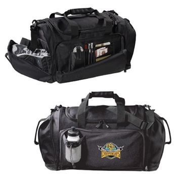 Promotional Sturdy duffel with shoe pocket, bottom board, and your logo!