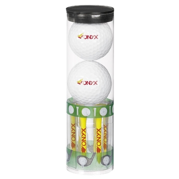 Promotional Plastic presentation tube with two golf balls and six imprinted tees.