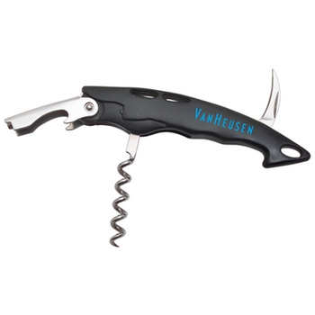 Promotional Promotional bottle opener with corkscrew and serated foil blade.