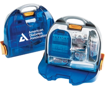 Promotional This complete 53 piece first aid kit is neatly packed in a high tech container.