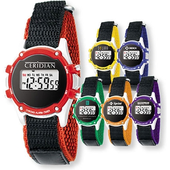 Promotional This sport watch feature bold colored case with matching canvas band, EL back light, stopwatch, day of week and alarm.