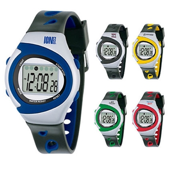Promotional This sport watch features black and silver accent combination stopwatch, day of week and alarm.