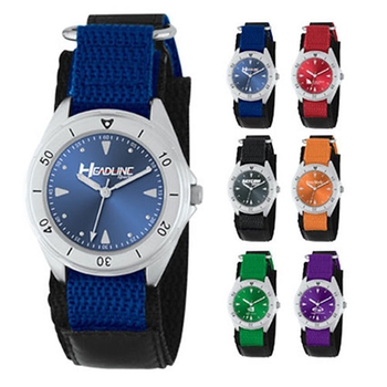Promotional This unisex sport watch features metallic sunray dial and matching canvas band.