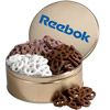 Promotional 3  Way Chocolate Pretzels in Tin - 2.4 lbs. with Logo